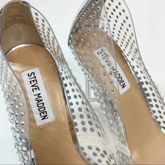 Steve Madden Women's Vala-r Heel in Rhinestone Crystal Silver Clear Pointed Toe - Picture 12 of 14